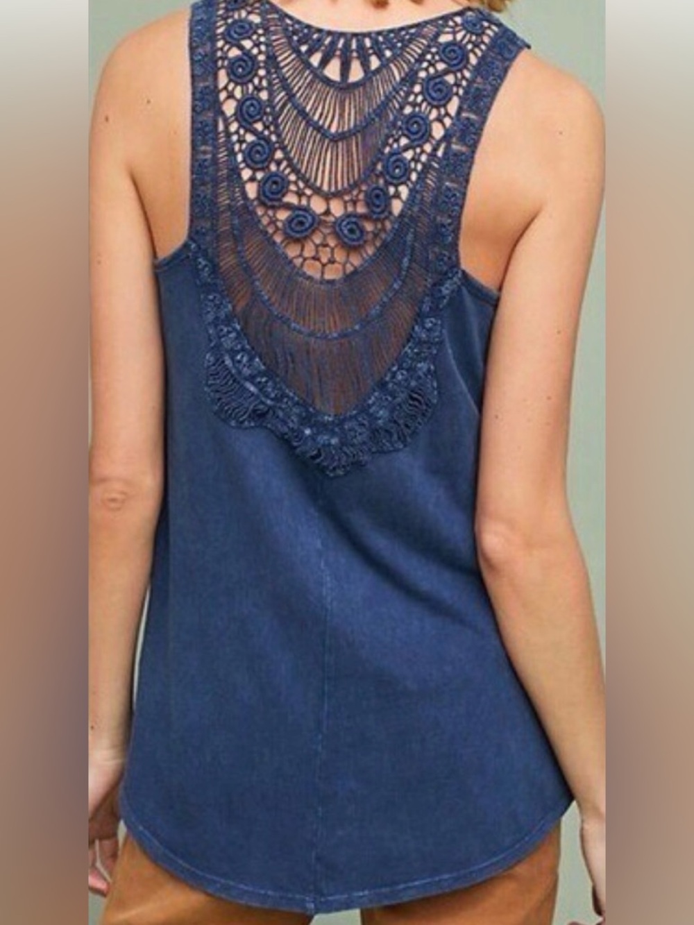 Anthro Eri + Ali Chantel Crochet Back Tank M Boho Cotton Navy